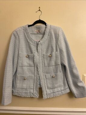 Nanette Lenore tweed blazer with gold & pearl buttons, front closure & pockets